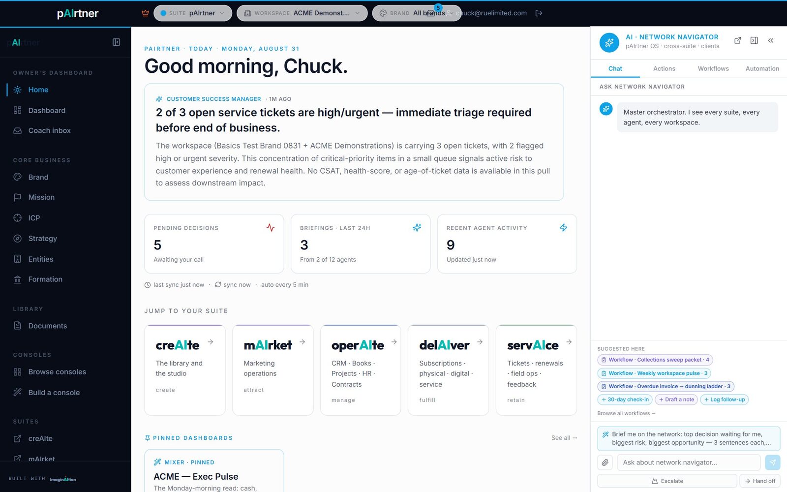 pAIrtner owner's dashboard: today's briefing, pending decisions, and every suite one click away